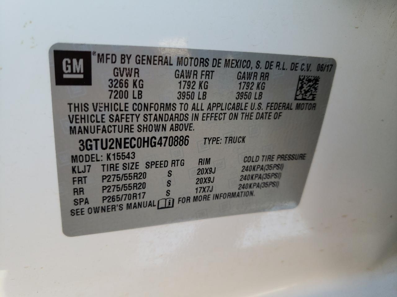 VIN: 3GTU2NEC0HG470886 2017 GMC SIERRA