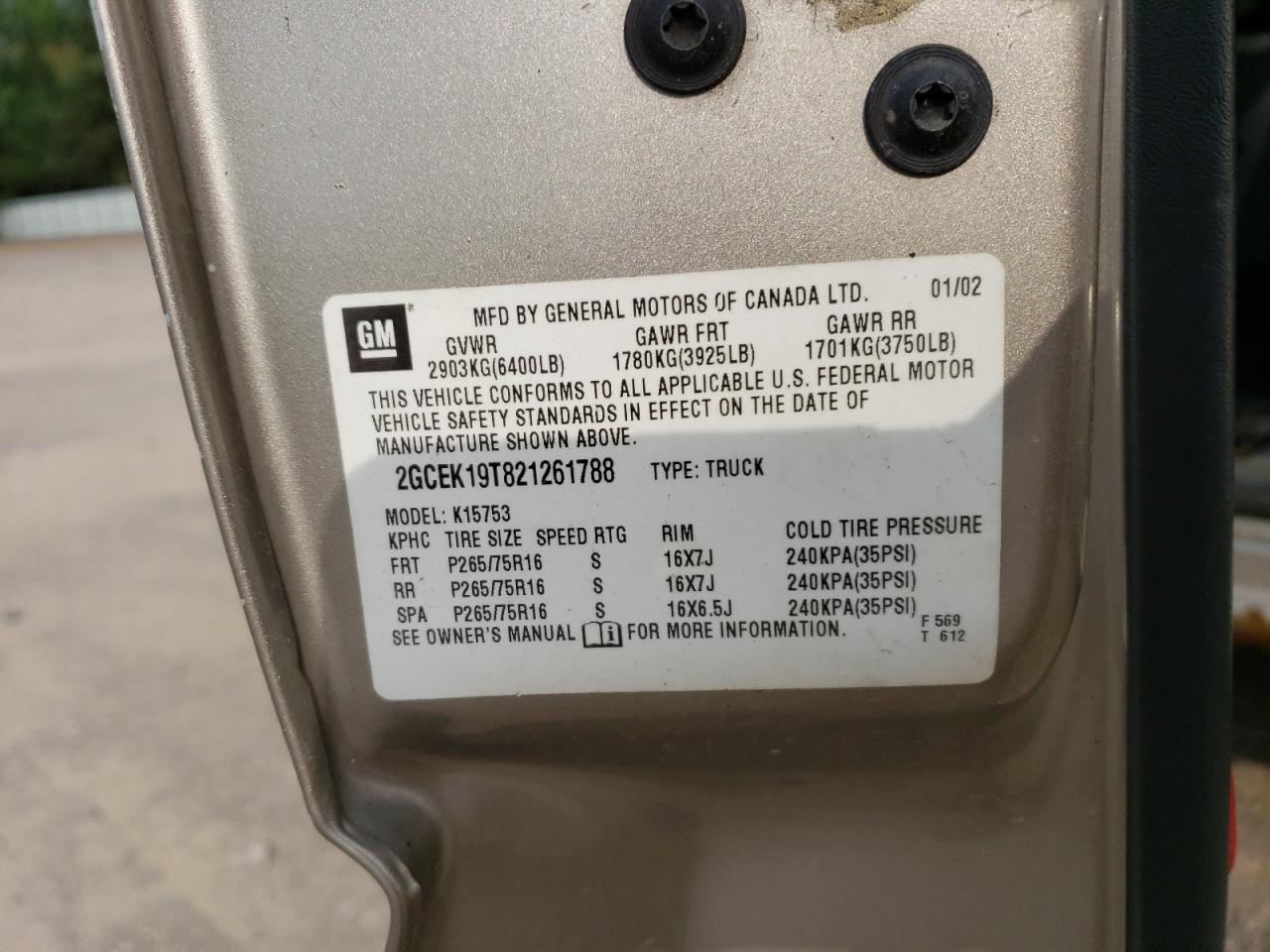 2GCEK19T821261788 2002 Chevrolet Silverado K1500