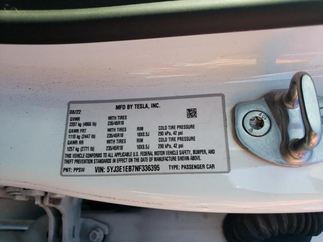 5YJ3E1EB7NF336395 | 2022 TESLA MODEL 3