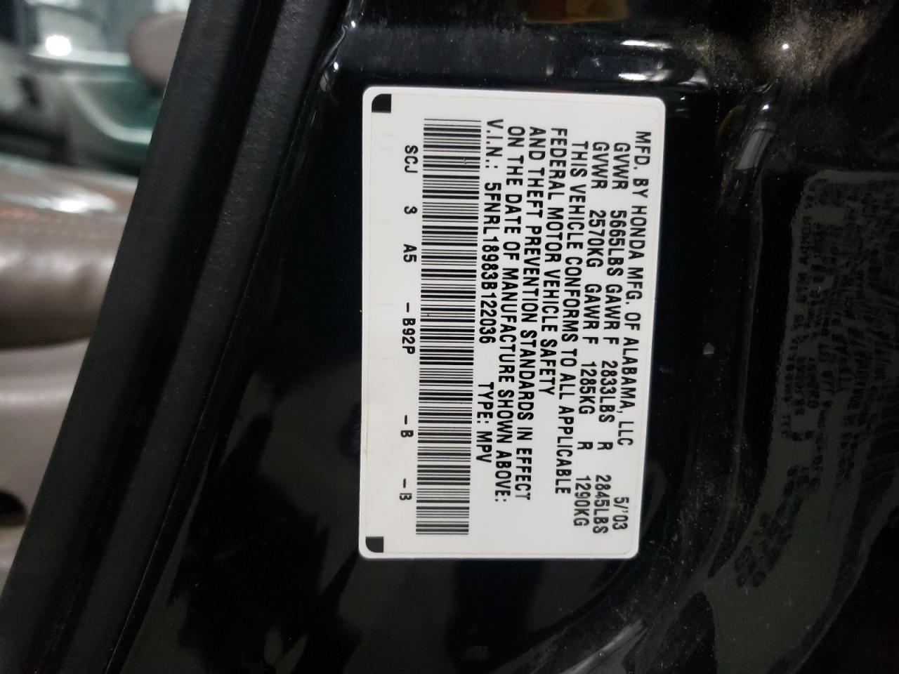 5FNRL18983B122036 2003 Honda Odyssey Exl