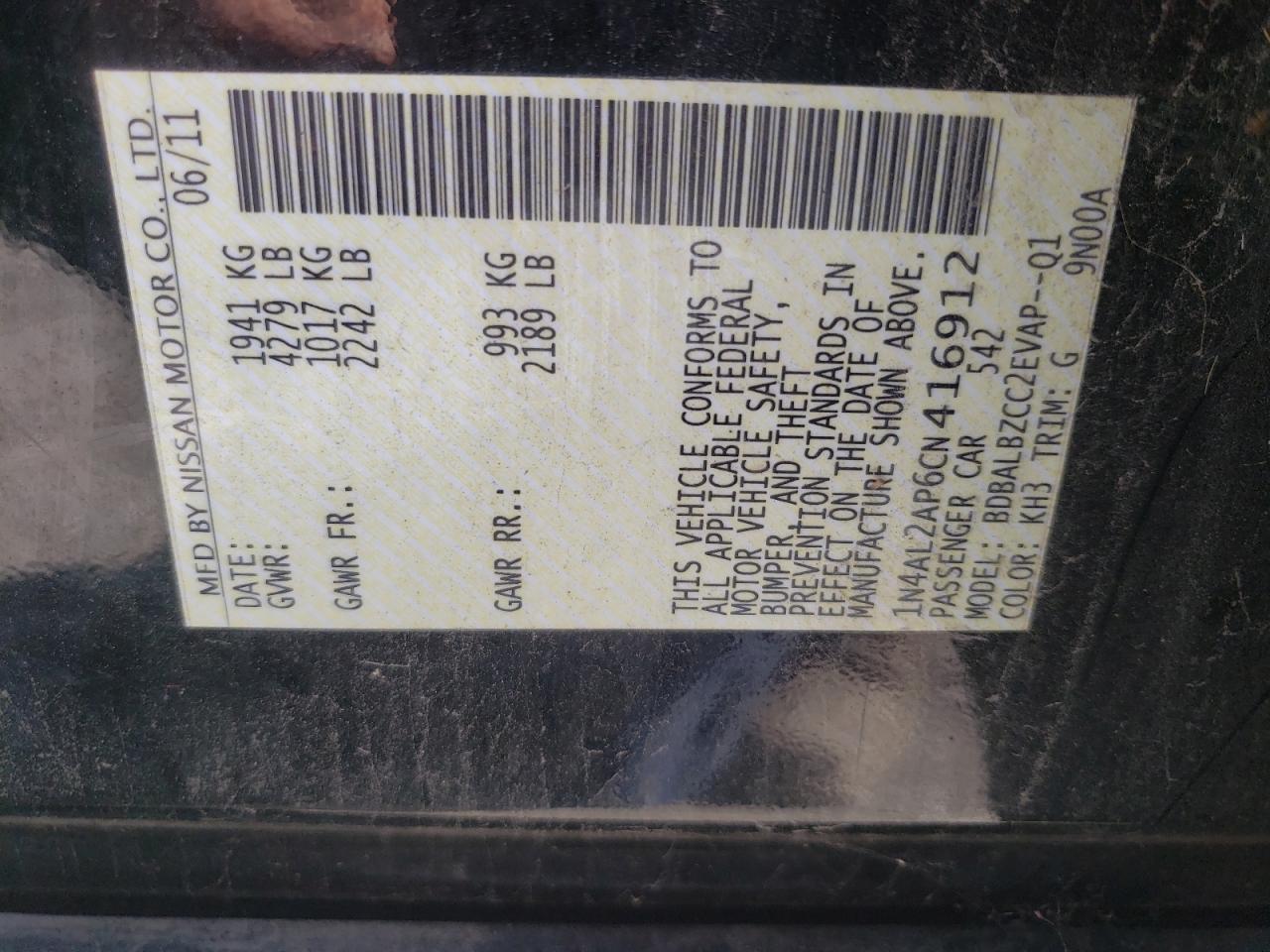 Lot #2205884765 2012 NISSAN ALTIMA BAS