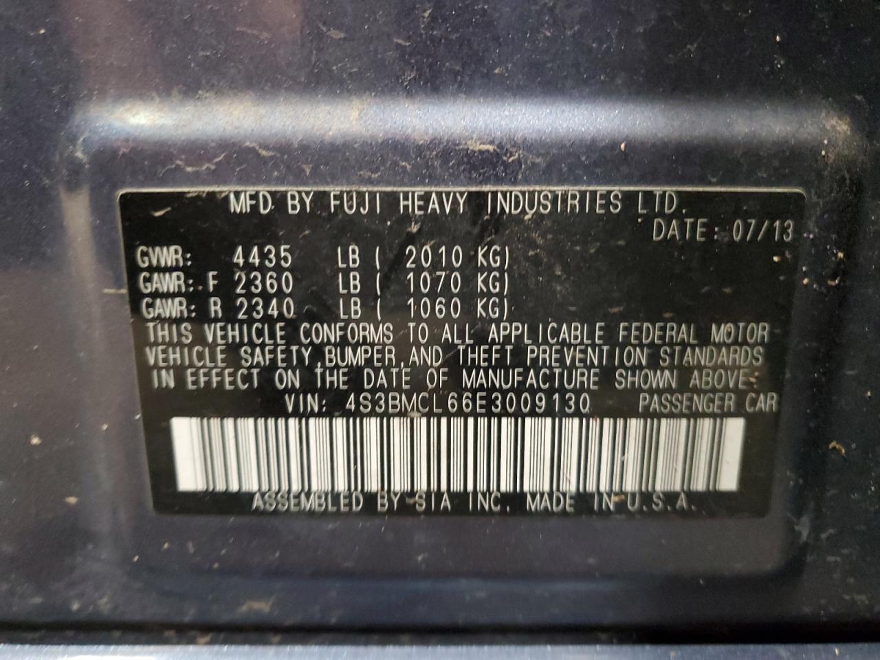 4S3BMCL66E3009130 2014 Subaru Legacy 2.5I Limited