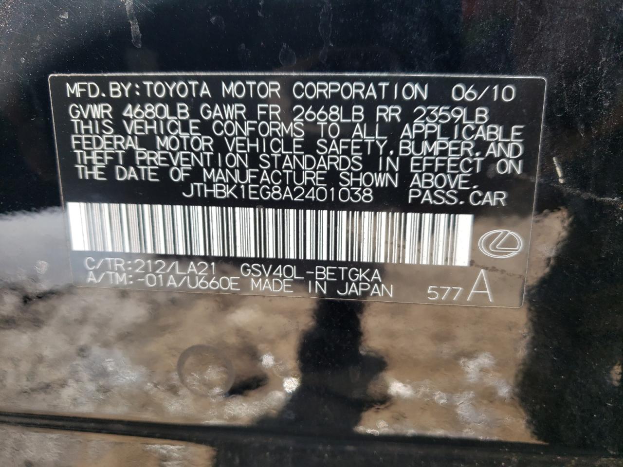 JTHBK1EG8A2401038 2010 Lexus Es 350