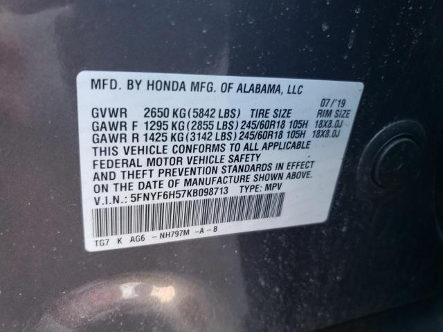 5FNYF6H57KB098713 Honda PILOT EXL