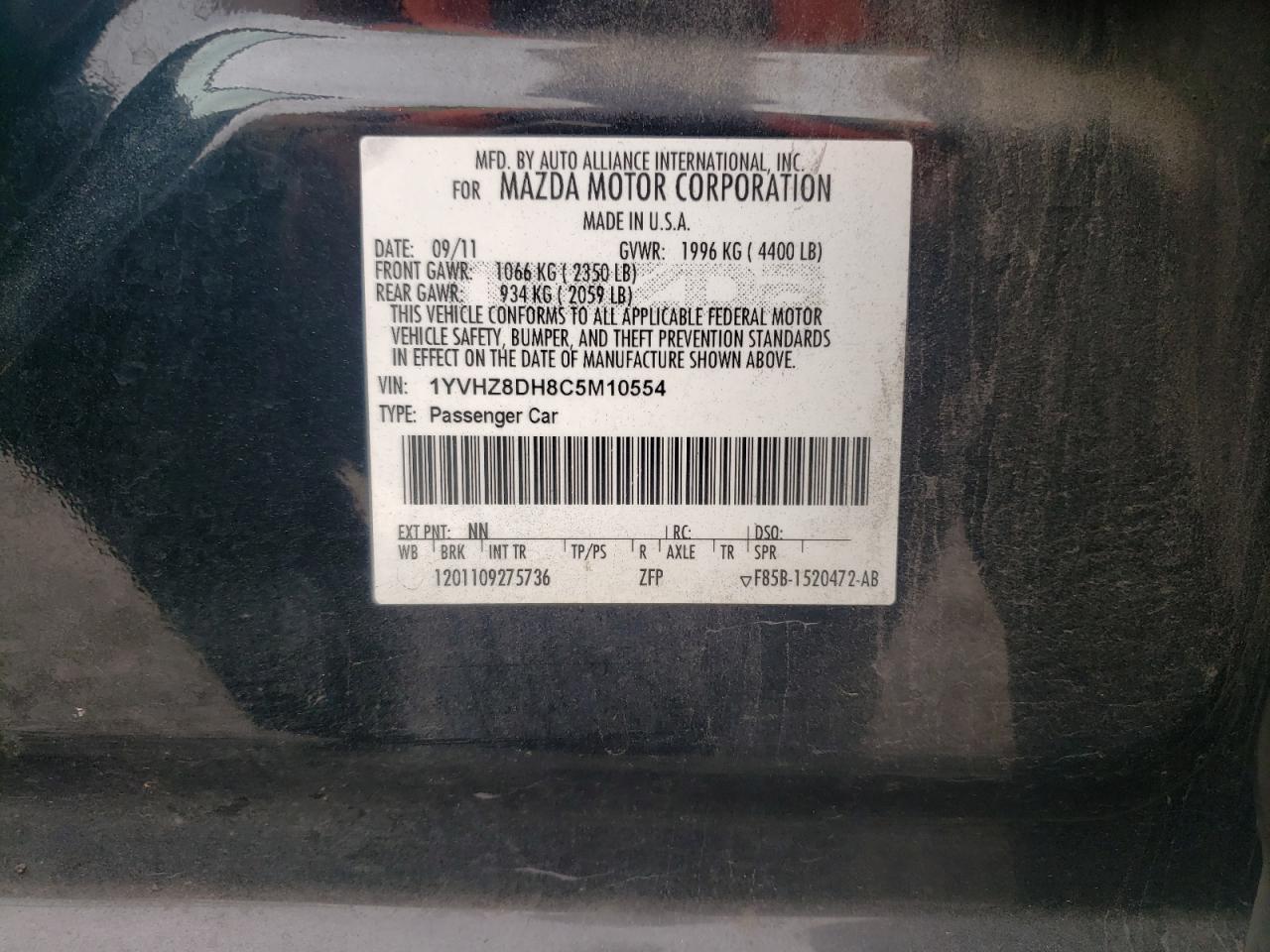 2012 Mazda 6 I vin: 1YVHZ8DH8C5M10554