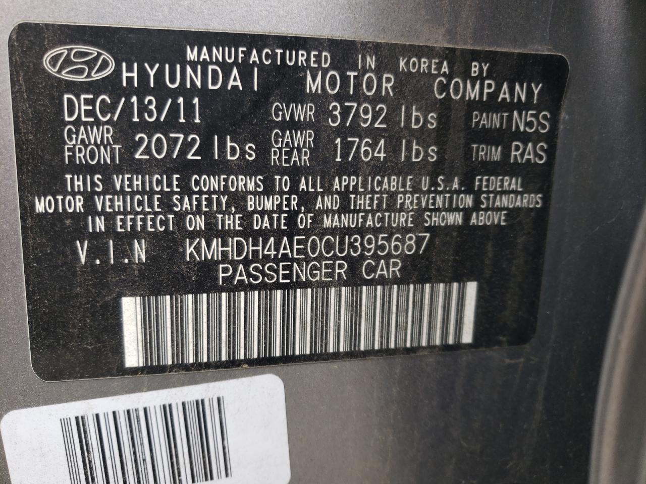 KMHDH4AE0CU395687 2012 Hyundai Elantra Gls