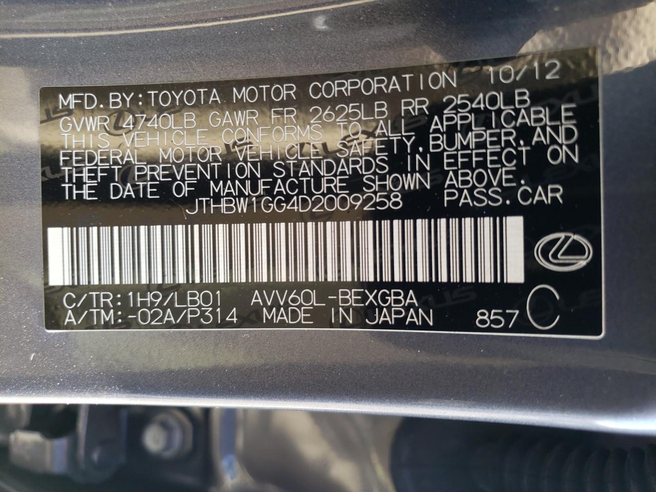 JTHBW1GG4D2009258 2013 Lexus Es 300H