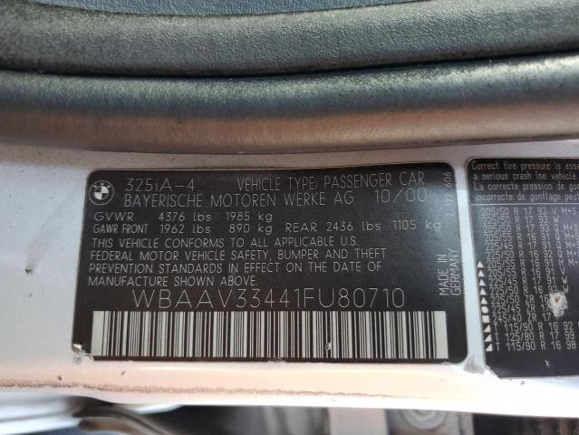 WBAAV33441FU80710 Auction: COPART Lot: 73635323 Location: CA - SUN VALLEY WBAAV33441FU80710 BMW 3 SERIES 2001 SILVER Photo 12