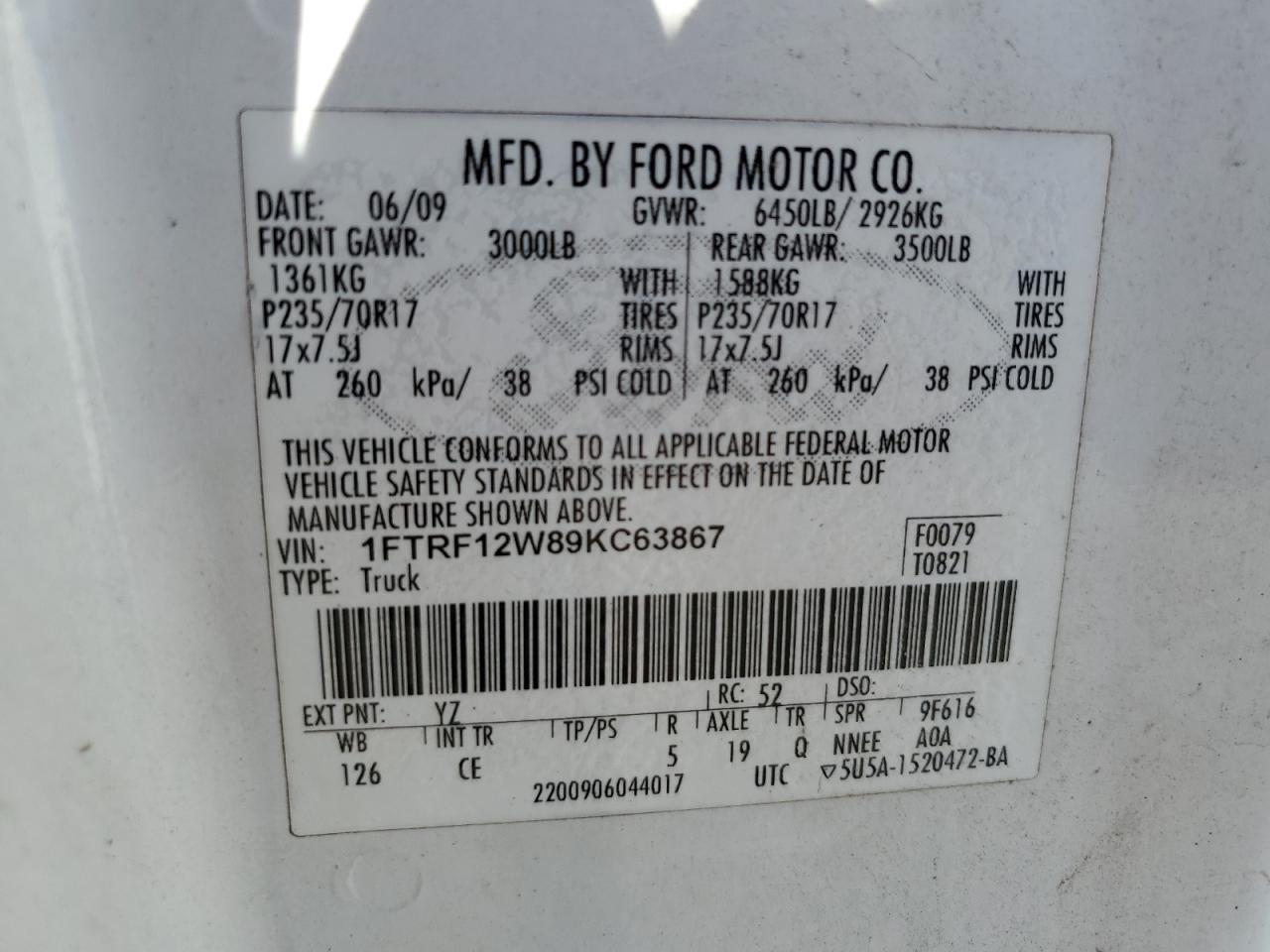 1FTRF12W89KC63867 2009 Ford F150