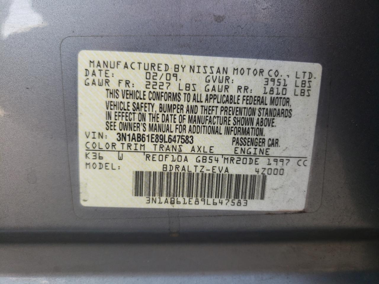 3N1AB61E89L647583 2009 Nissan Sentra 2.0 3N1AB61E89L647583 2009 Nissan Sentra 2.0