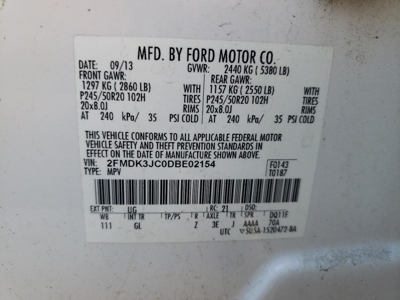2013 Ford Edge Sel vin: 2FMDK3JC0DBE02154