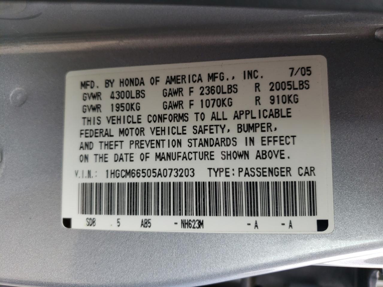 1HGCM66505A073203 2005 Honda Accord Ex