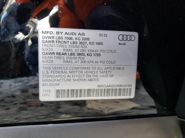 WA1LAAGE2NB024789 | 2022 Audi e-tron premium plus