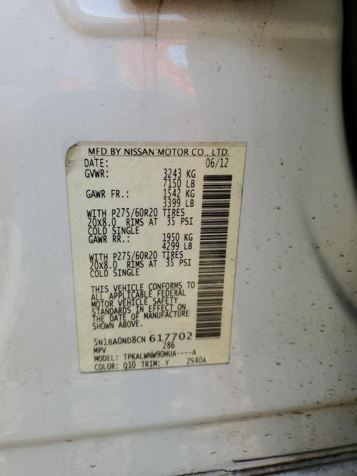 2012 Nissan Armada Sv vin: 5N1BA0ND8CN617702