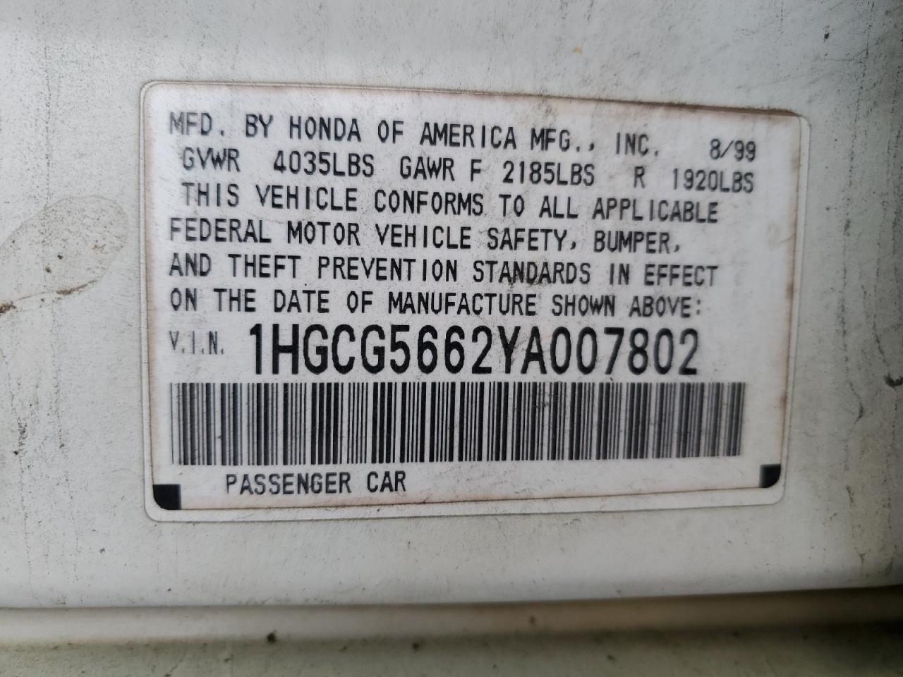 1HGCG5662YA007802 2000 Honda Accord Ex 1HGCG5662YA007802 2000 Honda Accord Ex
