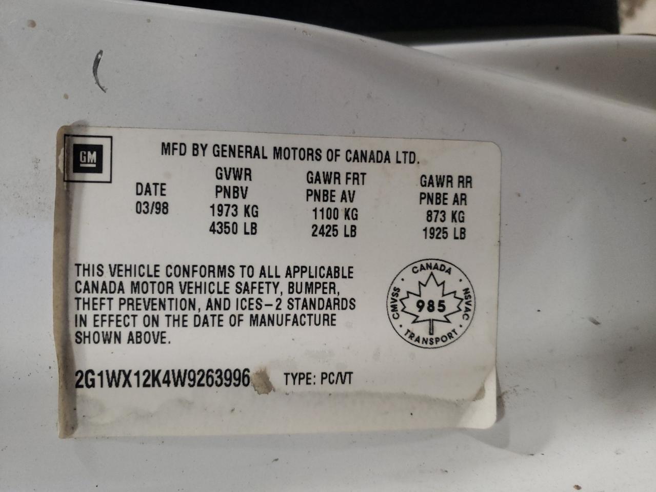 2G1WX12K4W9263996 1998 Chevrolet Monte Carlo Z34 2G1WX12K4W9263996 1998 Chevrolet Monte Carlo Z34