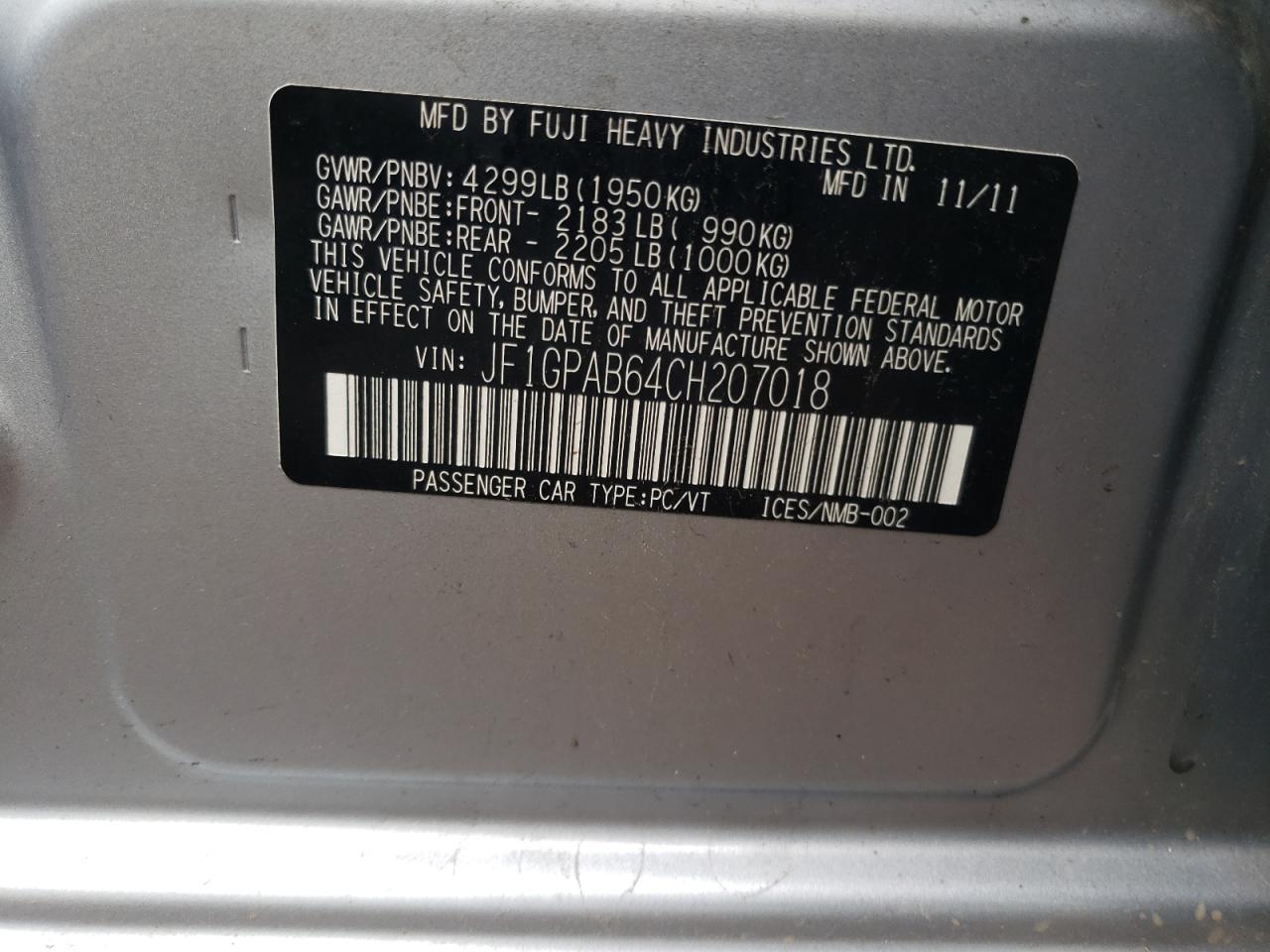 JF1GPAB64CH207018 2012 Subaru Impreza Premium