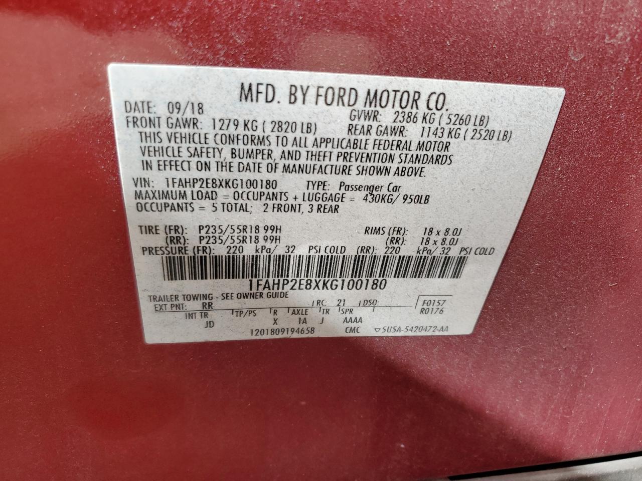 1FAHP2E8XKG100180 2019 Ford Taurus Sel