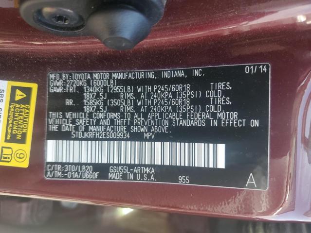 VIN 5TDJKRFH2ES009934 2014 Toyota Highlander, Xle no.13