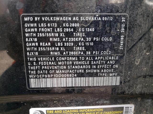 2013 Volkswagen Touareg V6 VIN: WVGEF9BP1DD006824 Lot: 72750103