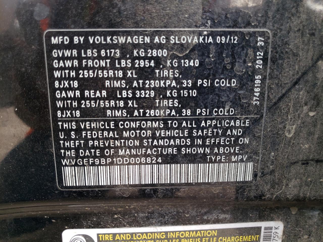 WVGEF9BP1DD006824 2013 Volkswagen Touareg V6