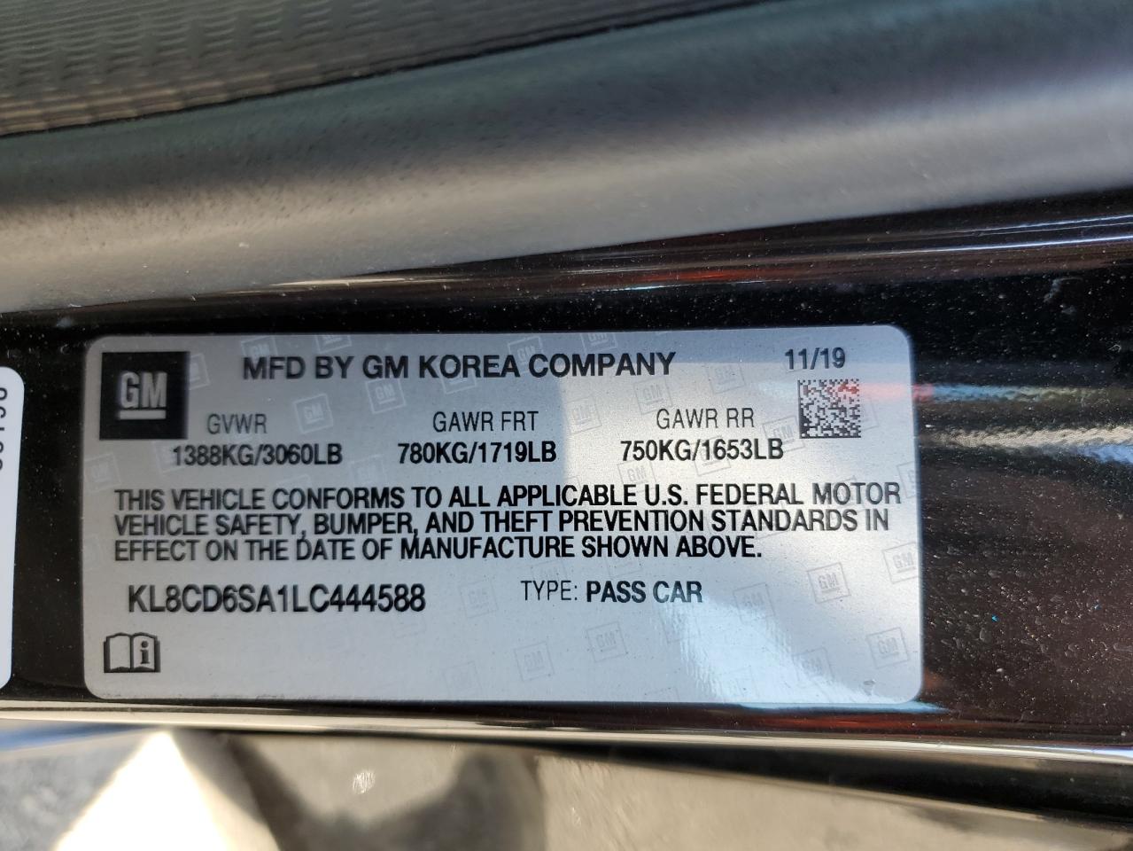 VIN: KL8CD6SA1LC444588 2020 CHEVROLET SPARK