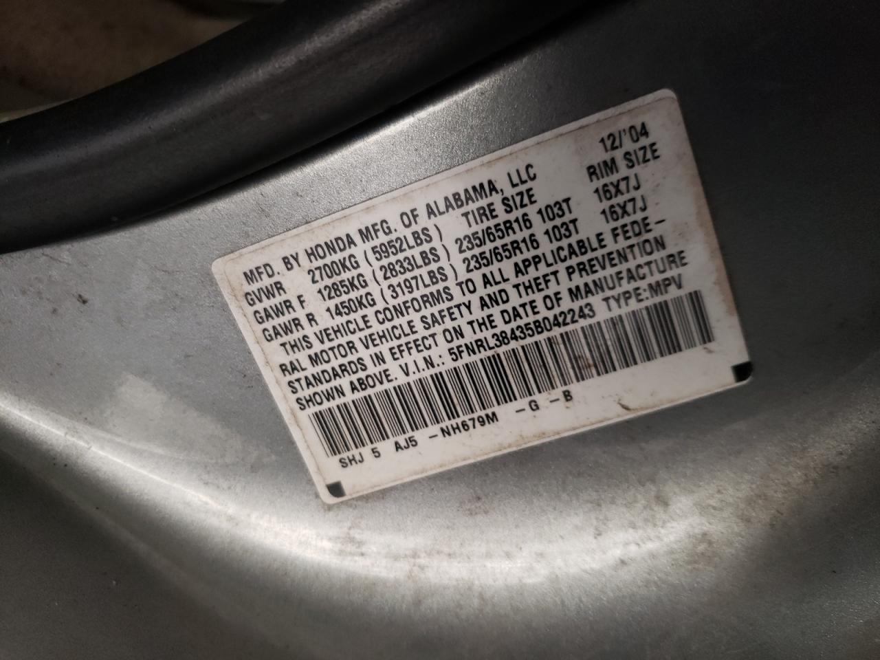 5FNRL38435B042243 2005 Honda Odyssey Ex