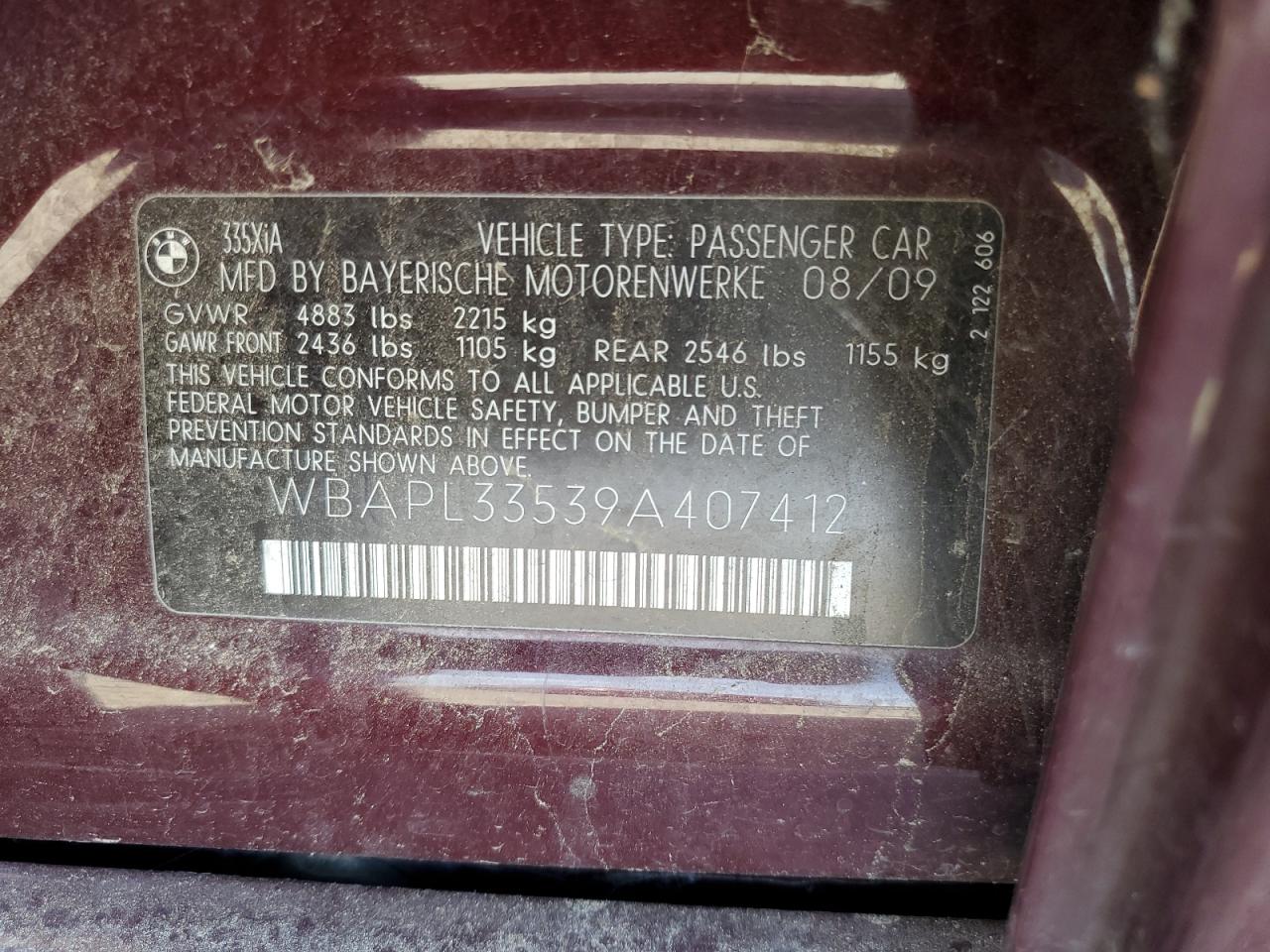 wbapl33539a407412 WBAPL33539A407412 2009 BMW 335 Xi