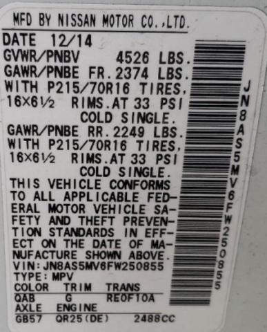 JN8AS5MV6FW250855 Nissan Rogue Select S