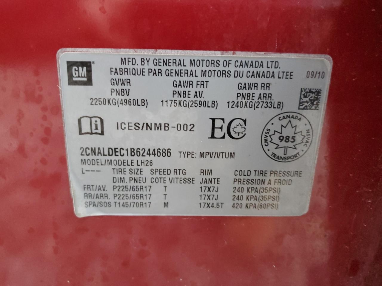 2CNALDEC1B6244686 2011 Chevrolet Equinox Lt