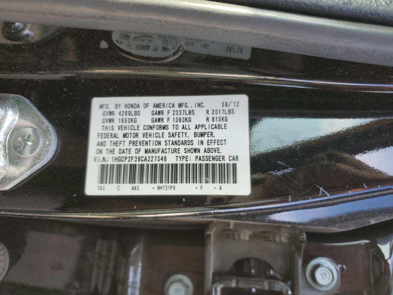 1HGCP2F39CA227046 2012 Honda Accord Lx