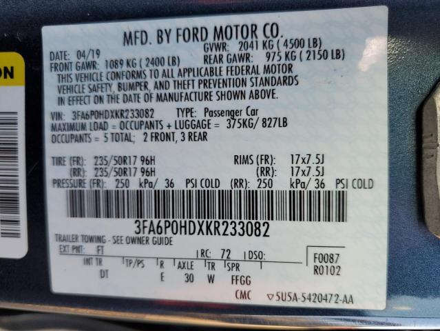 3FA6P0HDXKR233082 2019 FORD FUSION, photo no. 12