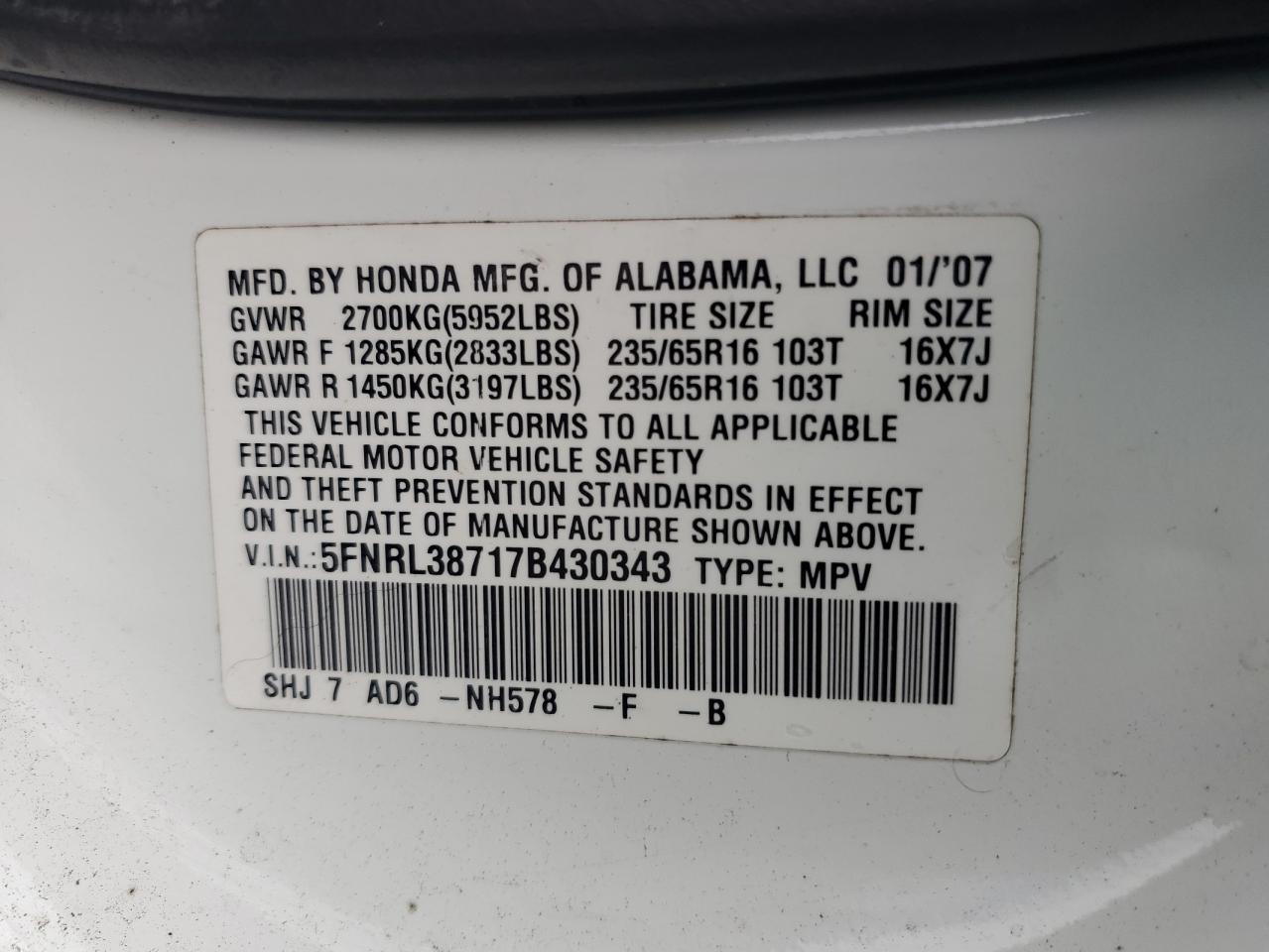 5FNRL38717B430343 2007 Honda Odyssey Exl