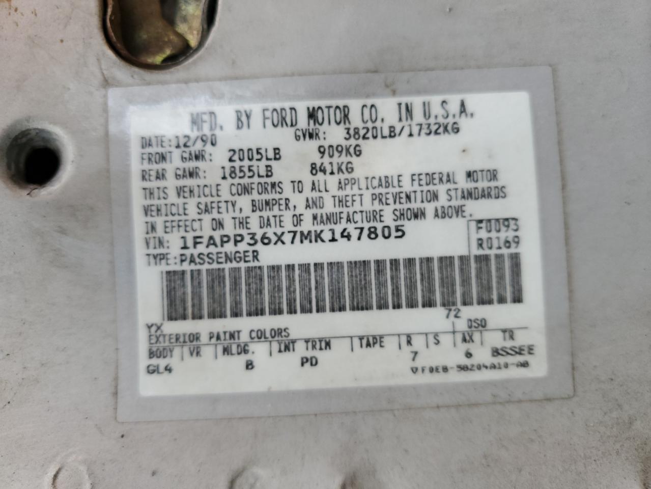 1FAPP36X7MK147805 1991 Ford Tempo Gl 1FAPP36X7MK147805 1991 Ford Tempo Gl