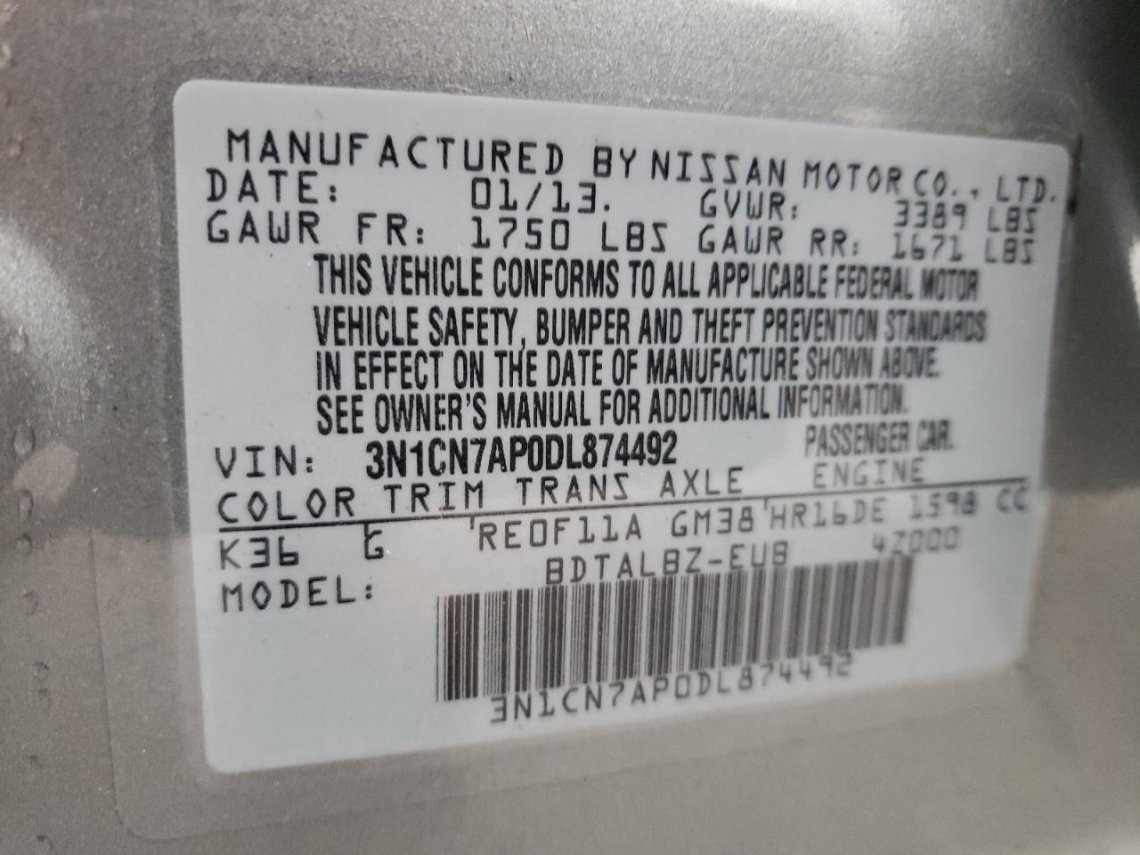 3N1CN7AP0DL874492 2013 Nissan Versa S