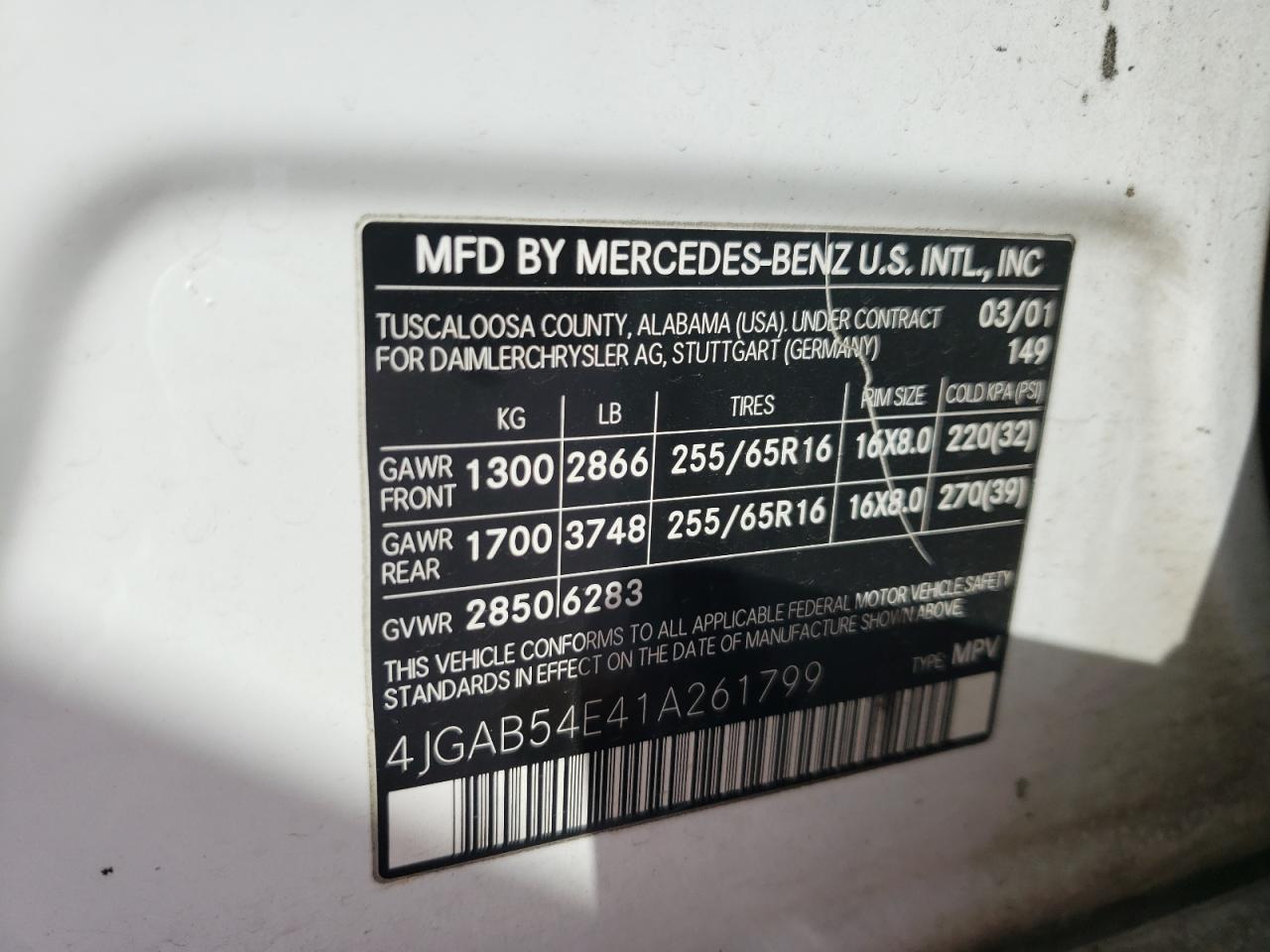 4JGAB54E41A261799 2001 Mercedes-Benz Ml 320