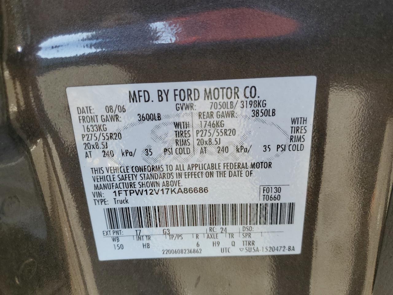 1FTPW12V17KA86686 2007 Ford F150 Supercrew