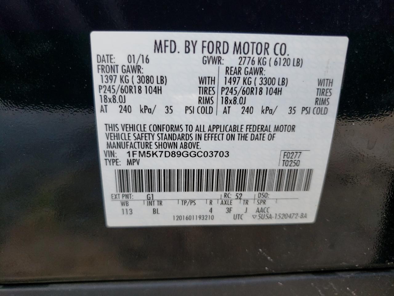 VIN: 1FM5K7D89GGC03703 2016 FORD EXPLORER