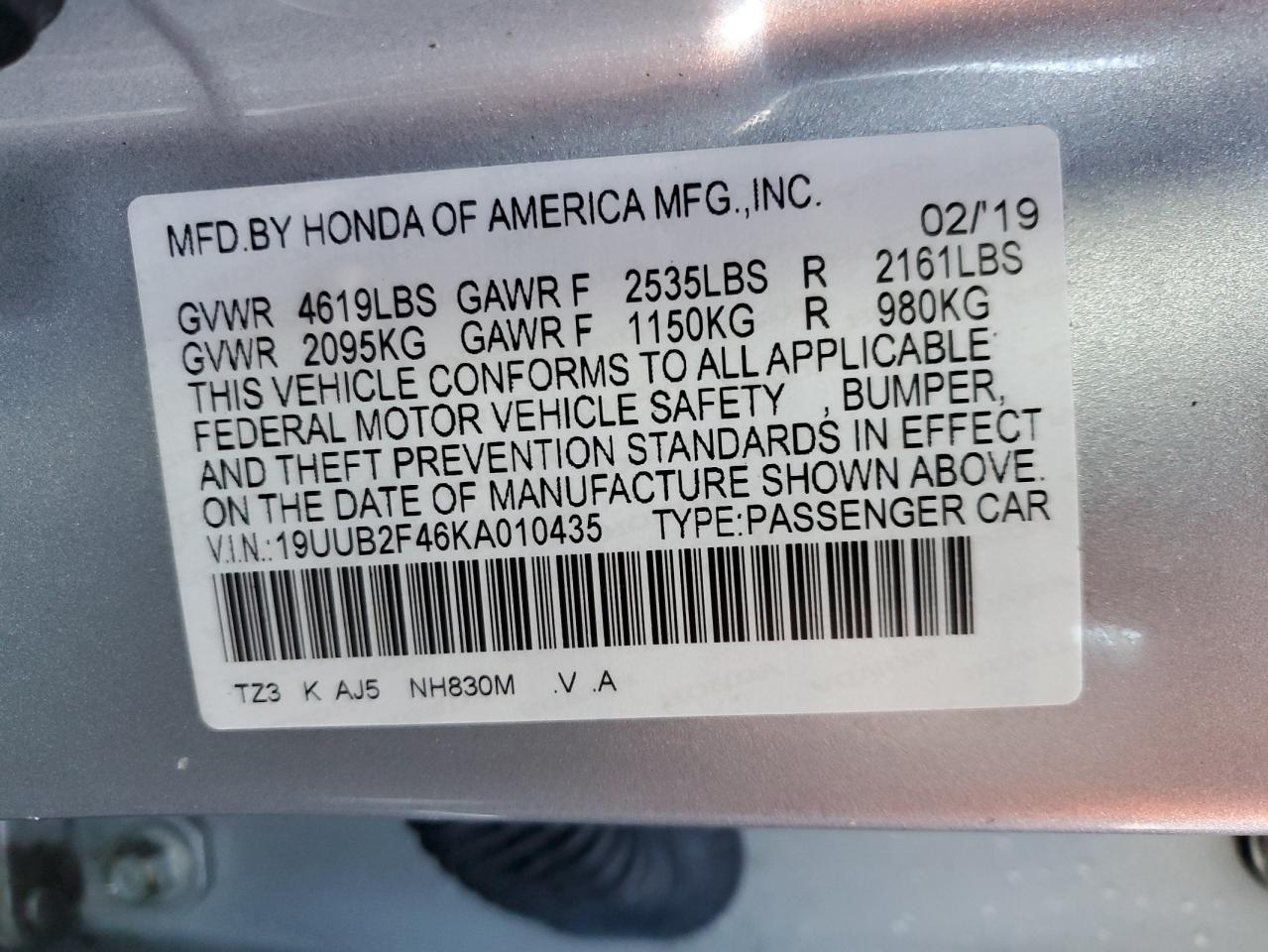 19UUB2F46KA010435 2019 Acura Tlx Technology