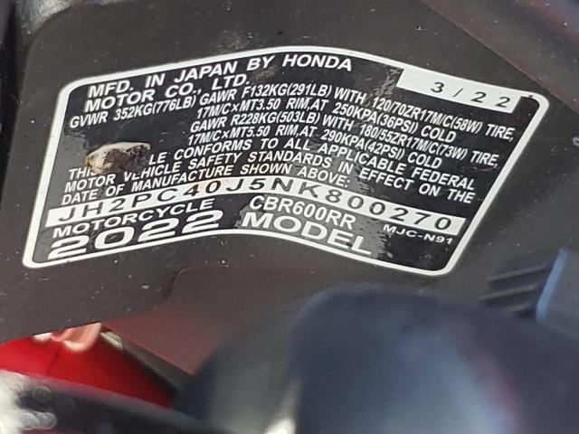 2022 HONDA CBR600 RA JH2PC40J5NK800270