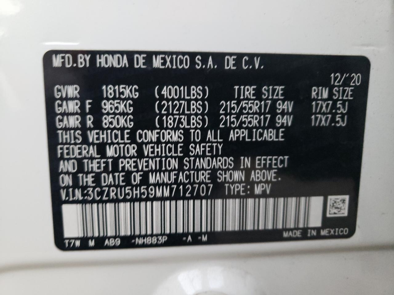 2021 Honda Hr-V Ex vin: 3CZRU5H59MM712707