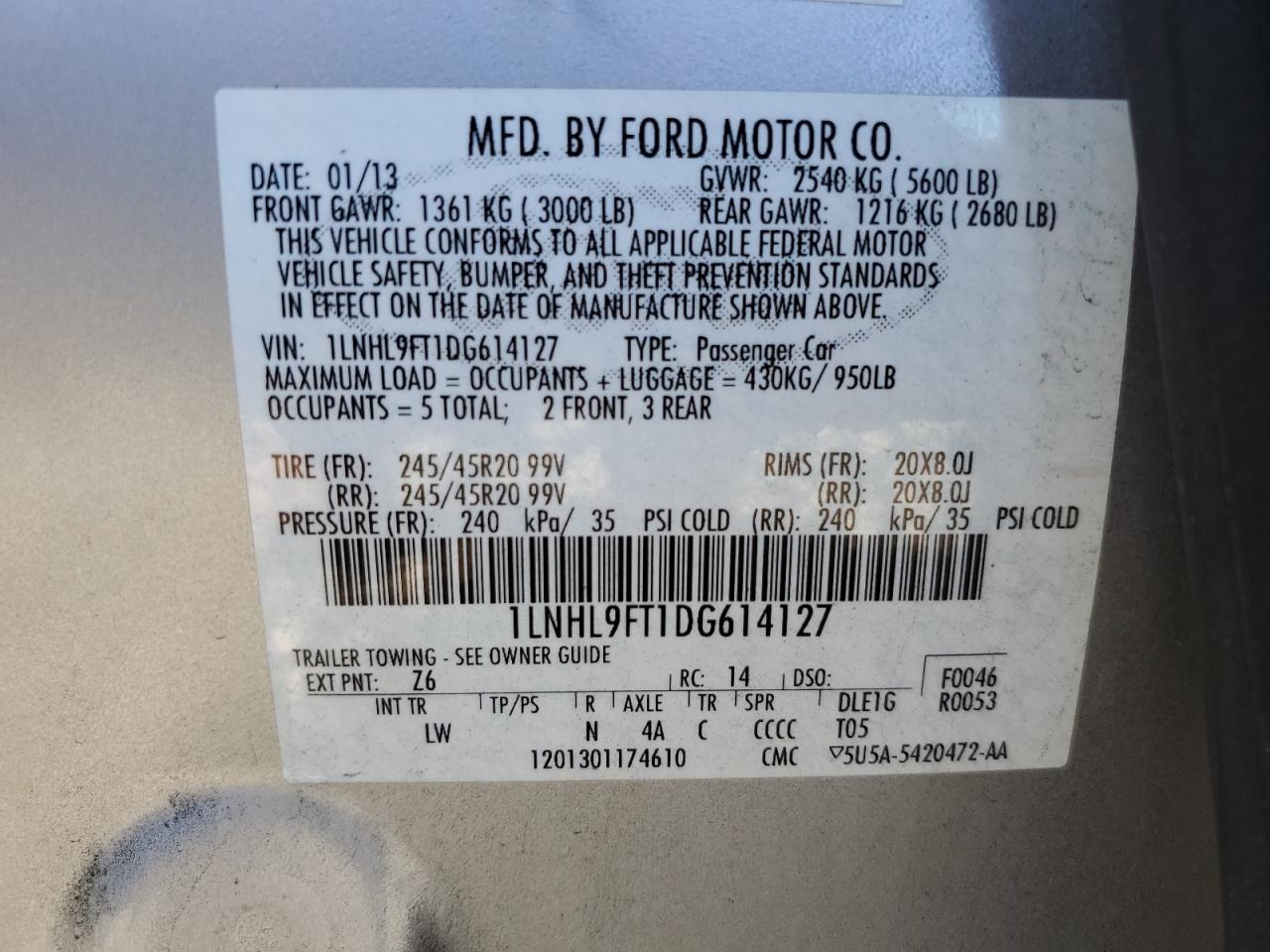 1LNHL9FT1DG614127 2013 Lincoln Mks