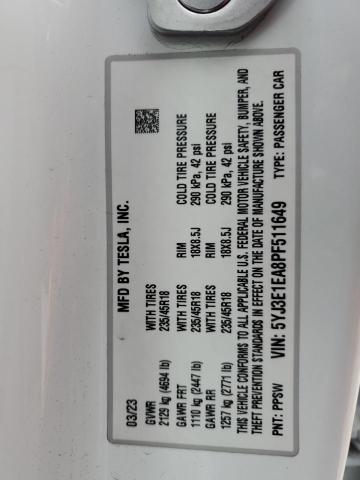 5YJ3E1EA8PF511649 Auction: COPART Lot: 72257223 Location: TN - NASHVILLE 5YJ3E1EA8PF511649 TESLA MODEL 3 2023 WHITE Photo 12