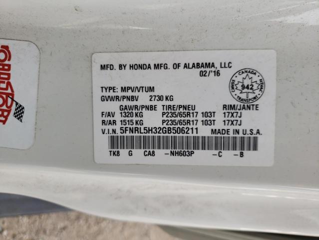 VIN 5FNRL5H32GB506211 2016 HONDA ODYSSEY no.13