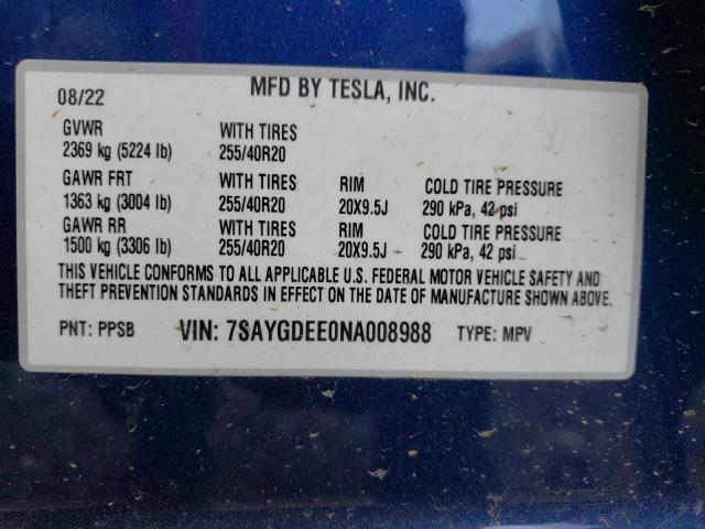 7SAYGDEE0NA008988 Tesla Model Y
