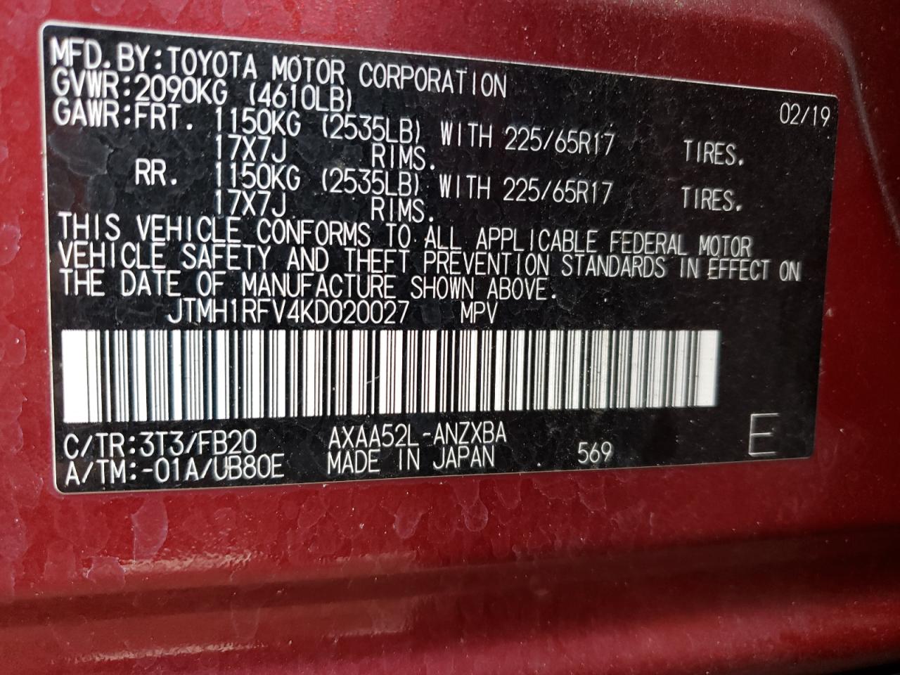 JTMH1RFV4KD020027 2019 Toyota Rav4 Le