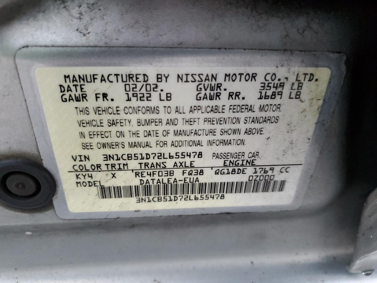 3N1CB51D72L655478 2002 Nissan Sentra Xe