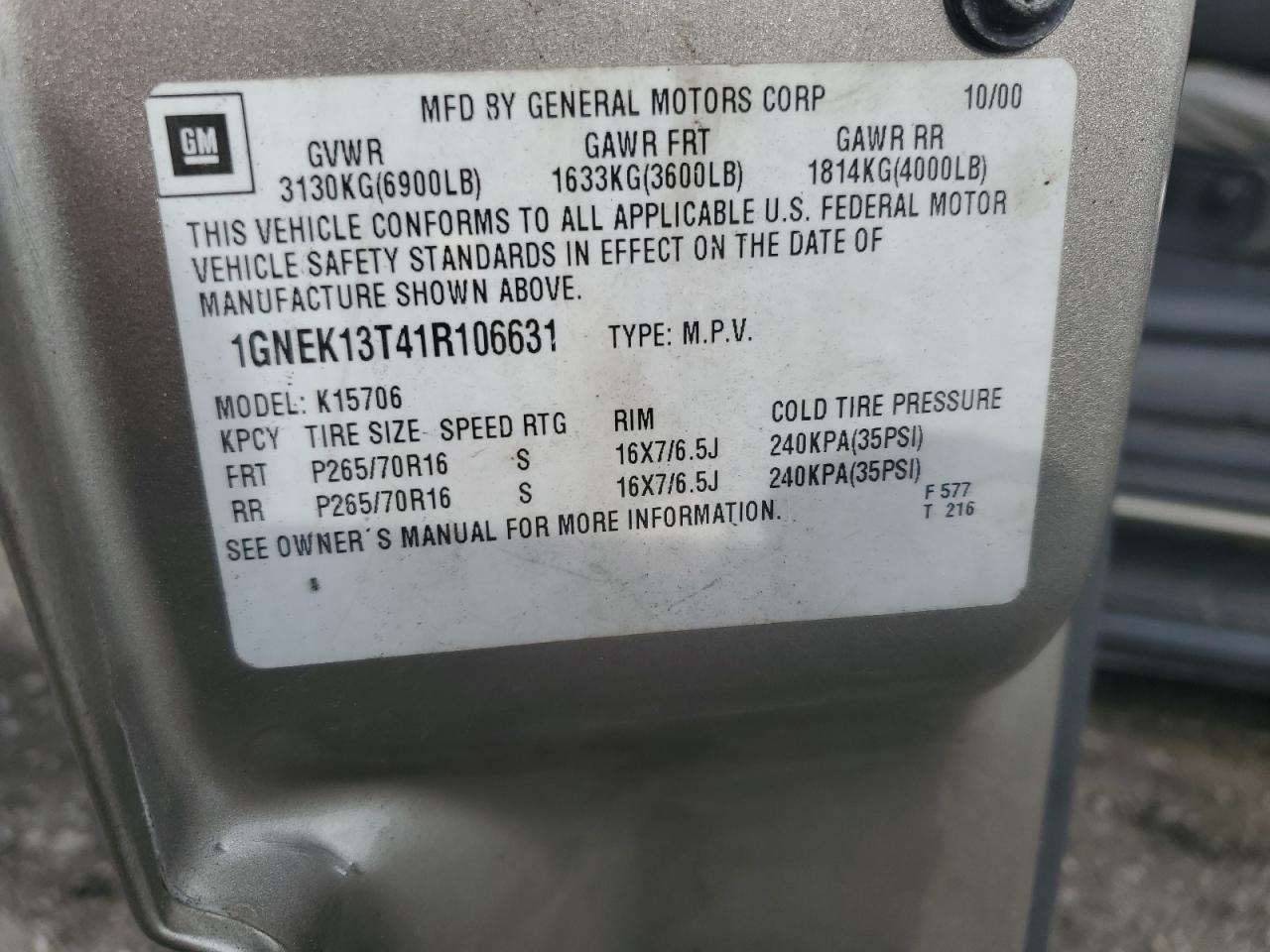 1GNEK13T41R106631 2001 Chevrolet Tahoe K1500