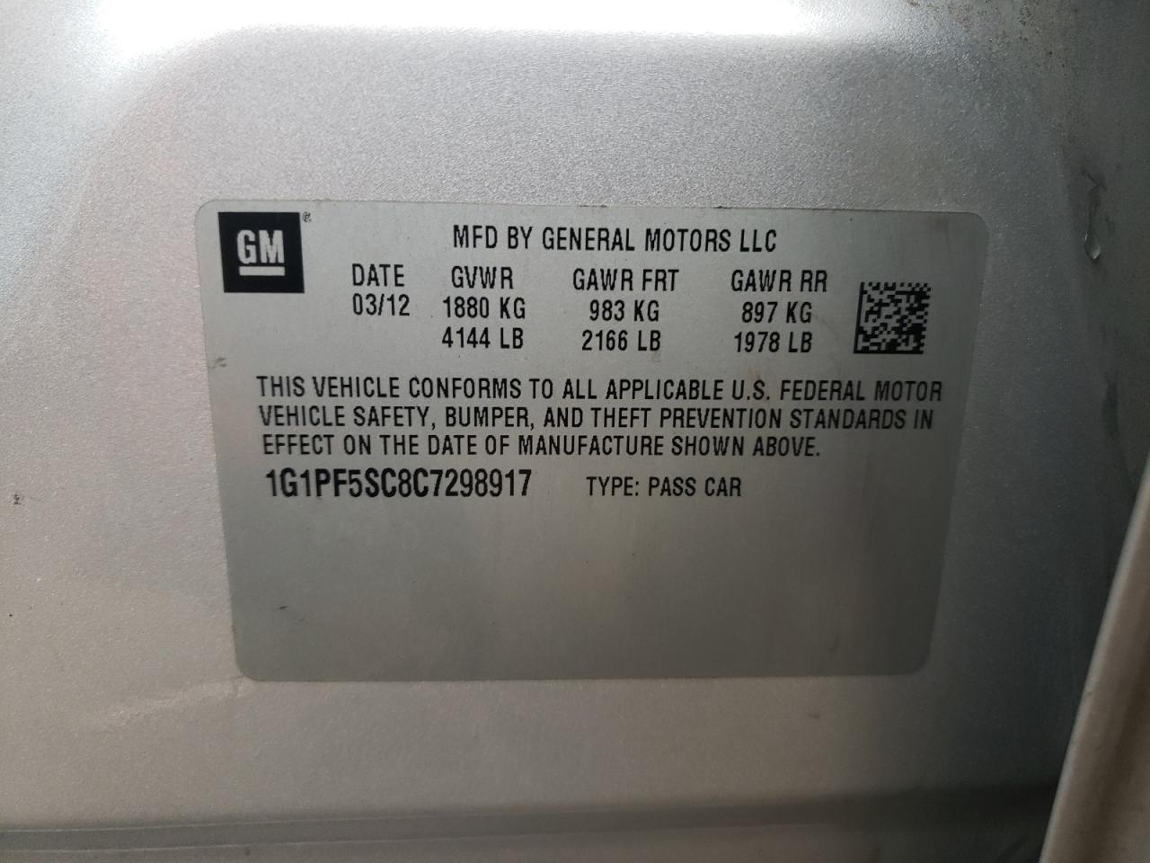 1G1PF5SC8C7298917 2012 Chevrolet Cruze Lt