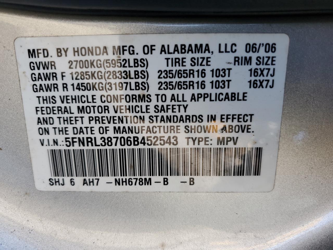 5FNRL38706B452543 2006 Honda Odyssey Exl